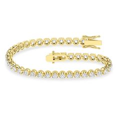 A sparkling lab-created diamond tennis bracelet is always a radiant addition to your wardrobe. 14K gold Round certified lab-created diamonds in buttercup settings create each link F color/SI2 clarity Includes certification card 4 cts. t.w. of lab-created diamonds 7.25 inches; box clasp Dazzling Yellow Gold Tennis Bracelet, Diamond Tennis Bracelet, Box Clasp, Tennis Bracelet Diamond, Lab Created Diamonds, Tennis Bracelet, Tennis, Lab, Diamonds