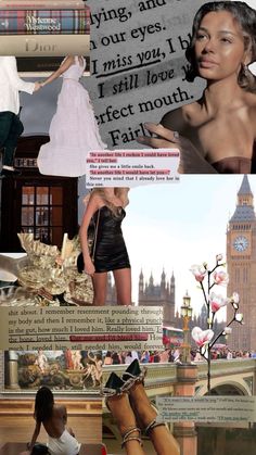 the collage shows different images of people in dresses and shoes, with words on them