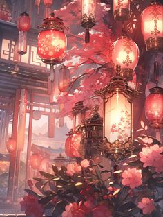 lanterns and flowers in front of a building with red leaves on the branches, lit up by street lamps