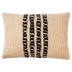 a black and white striped pillow on a white background with an embroidered stripe down the middle