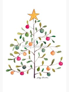 a watercolor drawing of a christmas tree with apples and leaves on the branches, next to a star