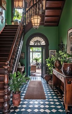 Eclectic Victorian hallway blending period features with bold contemporary color choices Victorian Hallway, Victorian Home Interior, Interior Design Per La Casa, Dark Home Decor, Casa Vintage, Dark Home, Modern Victorian, Green Walls, Design Del Prodotto