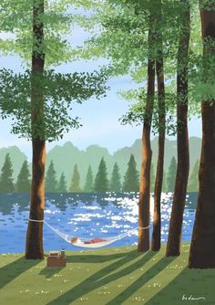 a painting of a hammock in the woods next to a body of water