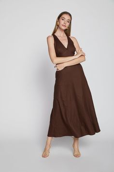 Midi length linen dress with front v-neck detail and cross back. Perfect to wear dancing or to go on holiday. A breathable fabric that's flows with every move. List Ideas, Going On Holiday, Jacket Brands, On Holiday, White Shop, Linen Dress, Christmas List, Go On, Sweater Jacket