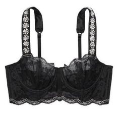 Women’s Size 32d Bra Victoria’s Secret Dream Angels Line Lace Unpadded Underwire The Straps Have Beaded And Sequin Floral Print Detailing Black Lace With Metallic Silver Threading Detailing New Without Tags B1 Gf Ideas, Long Line Bra, Dressy Hats, Angel Fashion, Vs Fashion Shows, 32d Bra, Grunge Dress, Unlined Bra, Lace Bustier