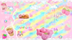 an animated image of some food on a pink background