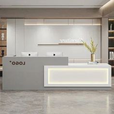 the front desk of a furniture store is lit up with white lights and an illuminated plant