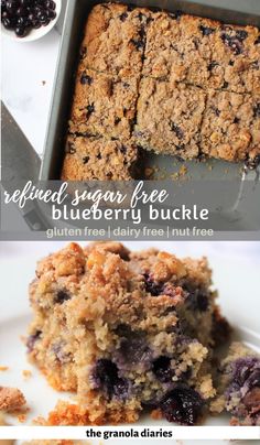 blueberry coffee cake is cut in half and served on a plate