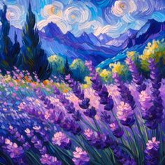 an oil painting of lavenders and mountains