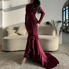 Custom Made Mermaid Evening Gown. Beautiful Burgundy Color And Silk Train. Burgundy Gown Long Sleeve, Long Sleeve Ruffled Gown For Gala, Red Mermaid Hem Gown With Sweep Train, Red Mermaid Gown With Sweep Train, Red Long Sleeve Mermaid Dress For Wedding, Red Mermaid Evening Dress With Sweep Train, Elegant Full-length Gown With Ruffles, Red Mermaid Dress With Sweep Train For Evening, Evening Gown With Ruffles In Fishtail Shape