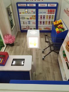 an overhead view of a grocery store with food and drinks in the display area,