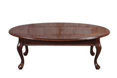 an oval wooden table with two legs and a curved top, on a white background