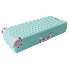 a mint green suitcase with pink handles