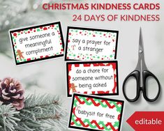 christmas kindness cards with scissors and pine cones