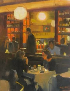 an oil painting of people sitting at tables in a restaurant with bottles on the shelves