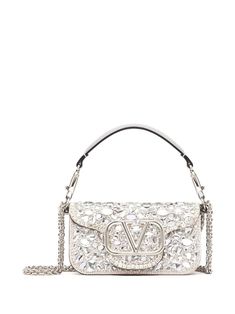 Valentino Garavani crystal-embellished Shoulder Bag - Farfetch Silver Valentino Bag, Silver Designer Bag, Silver Coach Bag, Sparkly Bag, Valentino Bag, Expensive Bag, Silver Bag, Valentino Garavani Bag, Luxury Bags Collection