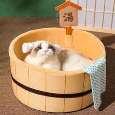 a cat is sitting in a wooden basket