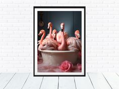 a group of flamingos in a bathtub surrounded by pink flowers on a white brick wall