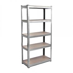 four tier shelving unit with three shelves on each side and one shelf in the middle