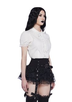 cuz everyone wants you. This blouse has a poplin construction, a peter pan collar, puffy sleeves with elasticated cuffs, a ruffled lace trim, an adjustable lace bow, and front button closures. Poplin Blouse, Pride Outfit, Underbust Corset, Lace Bows, Black Doll, Lingerie Romper, Puffy Sleeves, Lace Ruffle, Bottom Clothes