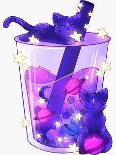 two cats in a cup with stars on the bottom and one cat laying down next to it