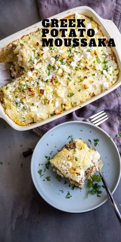 there is a casserole dish with cheese and meat on the plate next to it