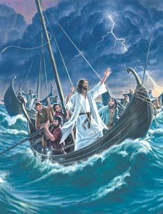 jesus walking on the water with his boat full of people