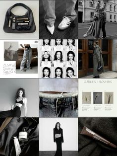 black and white collage with various images including woman's shoes, handbag, purse