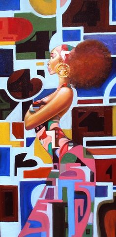 a painting of a woman with an afro haircut and colorful geometric shapes in the background