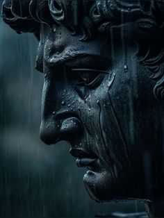 the face of a statue is covered in rain