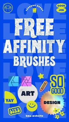 a poster with the words free affirmity brushes in white and blue, surrounded by various