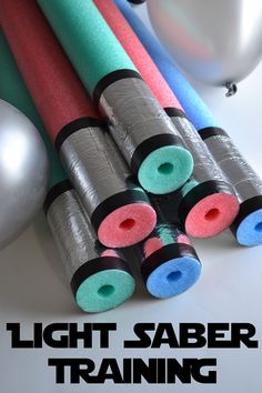 there are many different colored tubes next to each other with the words light saber training on them