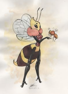 a drawing of a bee holding a flower in it's hand and another insect on the other side