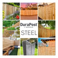 several pictures of different types of fences in various styles and sizes, with the words durapost steel