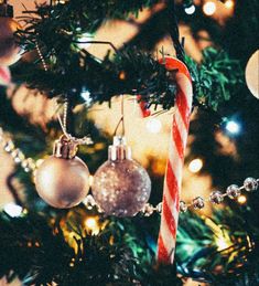 a christmas tree with ornaments hanging from it's branches and candy cane in the foreground