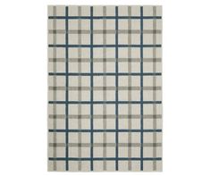 a white rug with blue and grey plaid pattern on the bottom, in front of a white background