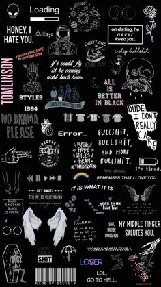 a poster with many different types of writing on it's back side, including words and