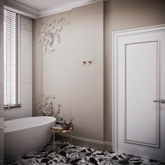 a bathroom with an ornate wallpaper and white bathtub next to a large window