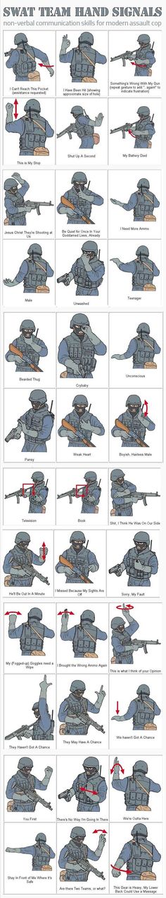 SWAT Team hand signals (tactical signals) #swat #handsignals Cqb Tactics, Funny Army, Drill Sergeant, Military Signs, Swat Team, Hand Signals, Army Jokes, Basic Training, Military Humor