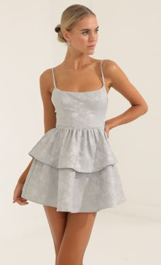 Floral Jacquard Ruffle Dress in Grey | LUCY IN THE SKY Winter Dance Dresses, Hoco Dress Short, Mitzvah Dresses, Hoco Ideas, Swift Concert, School Dance Dresses, Winter Formal Dresses, Cute Homecoming Dresses, Hoco Dress