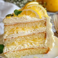 a slice of lemon cake on a white plate