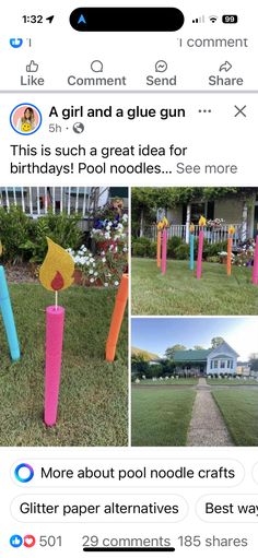 Pool Noodle Candles For Yard, Birthday Porch Decorations, Birthday Party Signs Diy Entrance, Noodle Birthday Party, Powerwheels Makeover Jeep, Front Yard Birthday Decorations, Pool Noodle Birthday Candles, Birthday Yard Decorations, Pool Noodle Candles