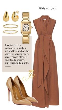 a woman in brown dress and high heels with gold accessories on her feet is wearing a watch