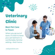 an advertisement for veterinary clinic with two people in blue coats and one is holding a cat