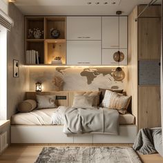 a bed sitting under a window next to a wall mounted shelf filled with lots of books