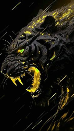 a black tiger with green eyes and yellow teeth is shown in this artistic painting style