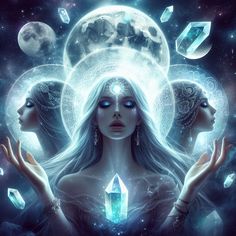 two beautiful women holding crystals in their hands with the moon behind them and stars above them