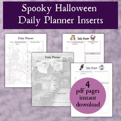 four halloween planner pages with text that reads spooky halloween daily planner inserts