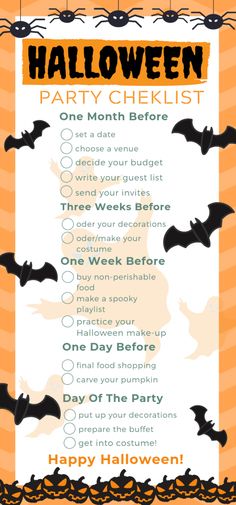 a halloween party checklist with bats on it