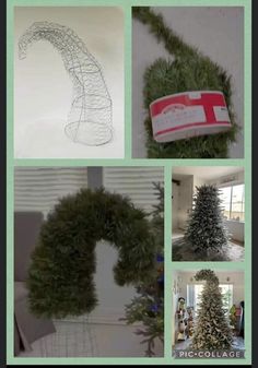 several pictures of christmas trees and wreaths in various stages of being made with wire